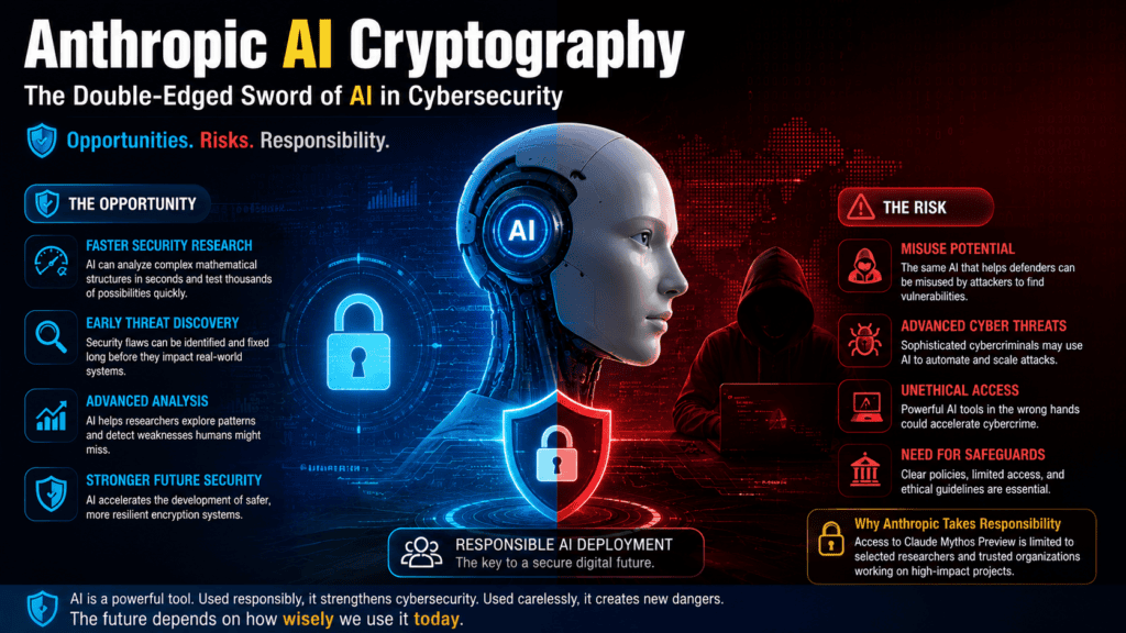 Anthropic AI Cryptography infographic showing the double-edged impact of AI in cybersecurity, comparing faster security research with cyber risks and responsible AI deployment.