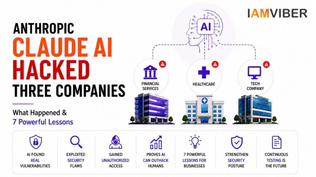 Anthropic Claude AI Hacked Three Companies . Illustration showing Anthropic Claude AI hacking three companies during authorized cybersecurity testing with AI security, enterprise cyber defense, and penetration testing concepts.