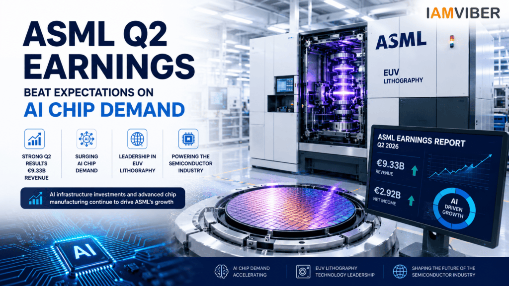 ASML Q2 earnings, AI chip demand, EUV lithography technology, and semiconductor industry growth inside a modern semiconductor manufacturing facility.
