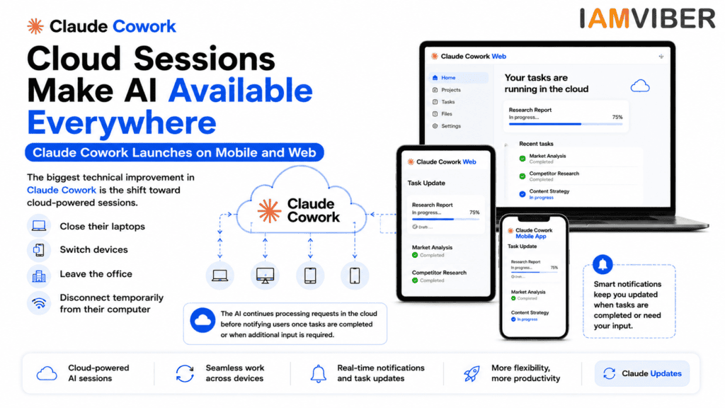 Claude Cowork launches on Mobile and Web with cloud-powered sessions, enabling seamless AI productivity, cross-device workflows, background task execution, and real-time updates.