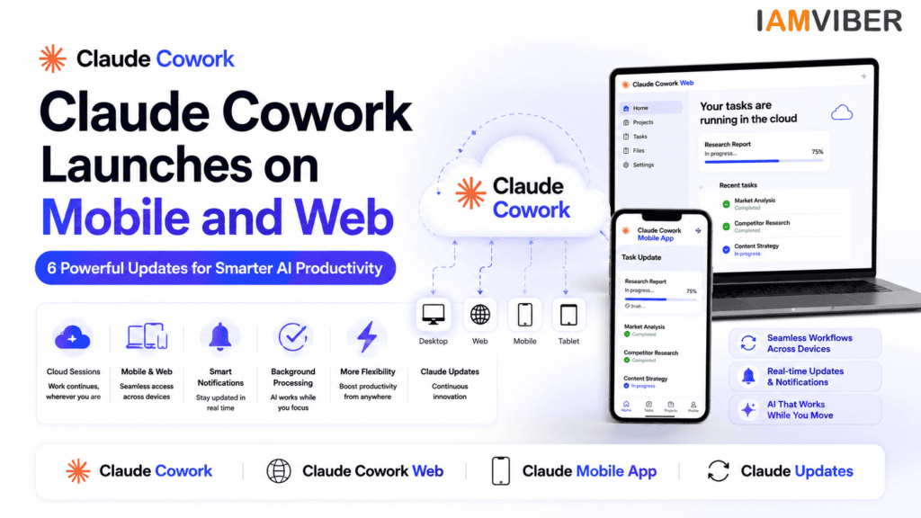 Featured image showcasing Claude Cowork launching on Mobile and Web with cloud-powered AI sessions, Claude Cowork Web, Claude Mobile App, Claude Updates, seamless cross-device workflows, and smarter AI productivity.