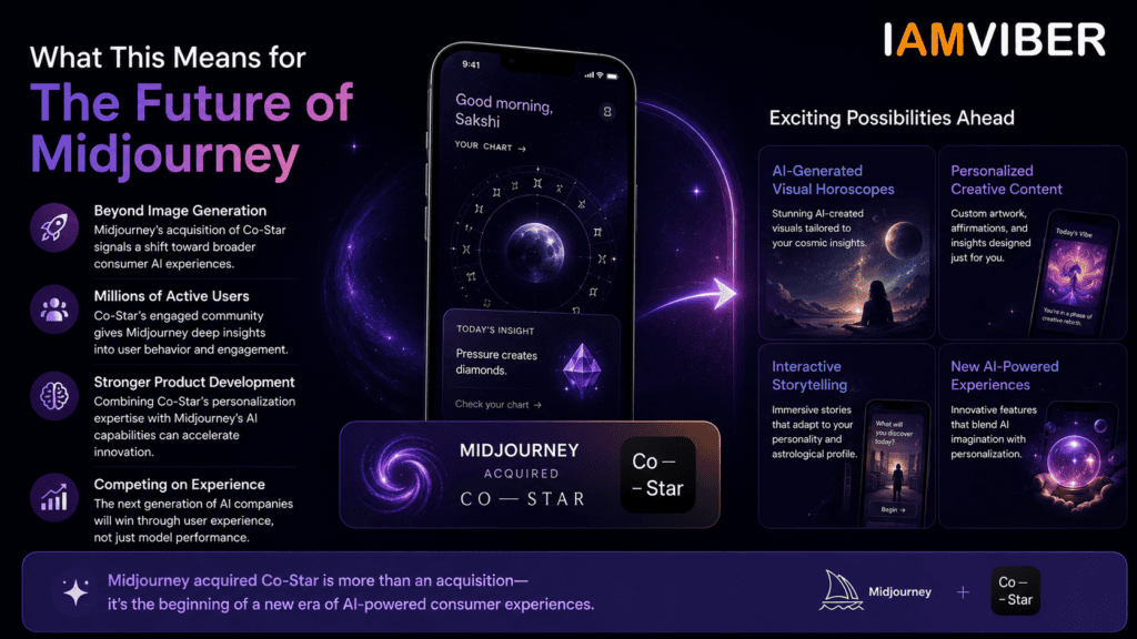 Midjourney acquired Co-Star infographic showing the future of Midjourney, AI-powered consumer experiences, personalized content, AI image generation, and the Co-Star astrology app acquisition.