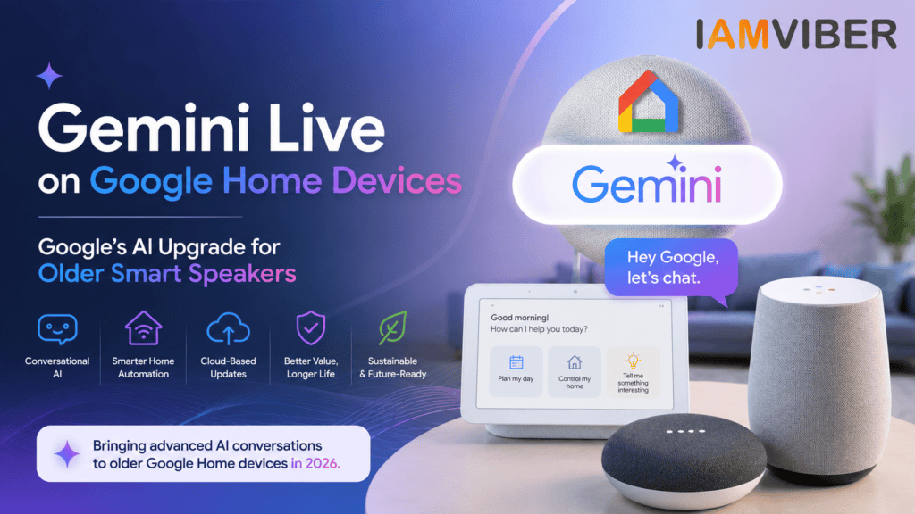 Gemini Live on Google Home Devices cover image showing Google's AI upgrade for older Google Home and Nest smart speakers with conversational AI, cloud-based software updates, smarter home automation, and Gemini for Home in 2026.