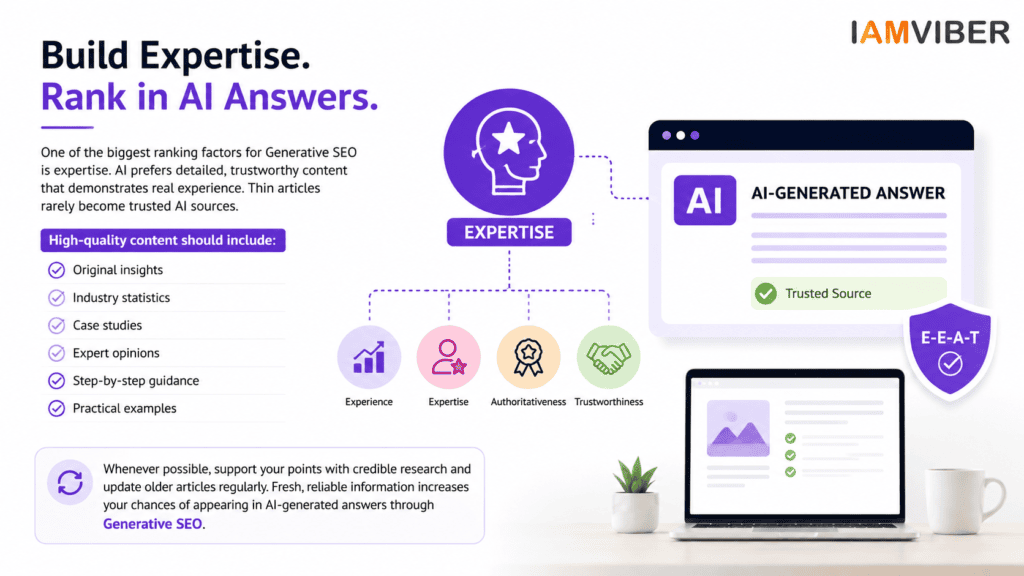 Generative SEO expertise infographic explaining how Google E-E-A-T, original insights, case studies, expert opinions, industry statistics, and practical examples help websites rank higher in AI search results and generative search engines.