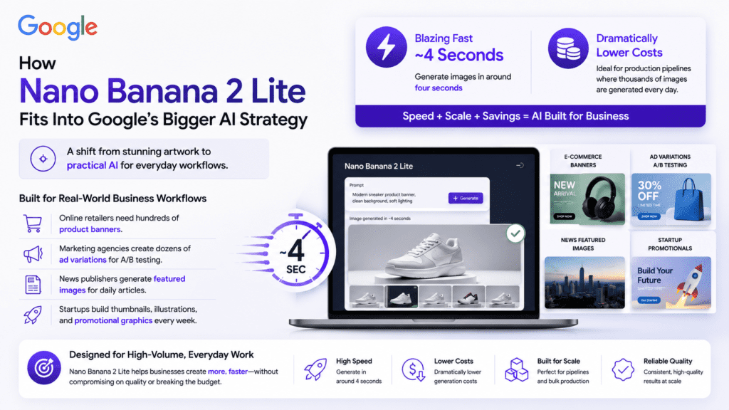 Google Nano Banana 2 Lite AI image generator infographic showing faster, cheaper AI image generation for business workflows, marketing teams, startups, developers, and e-commerce businesses.