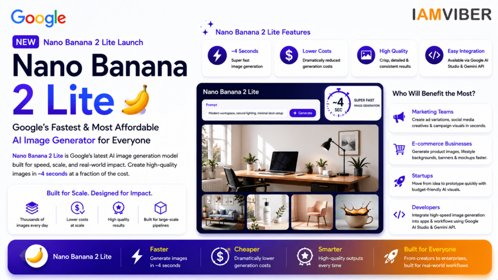 Google Nano Banana 2 Lite launch infographic showing Nano Banana 2 Lite features, fast AI image generation, lower costs, Google AI Studio integration, and use cases for marketers, startups, e-commerce businesses, and developers.