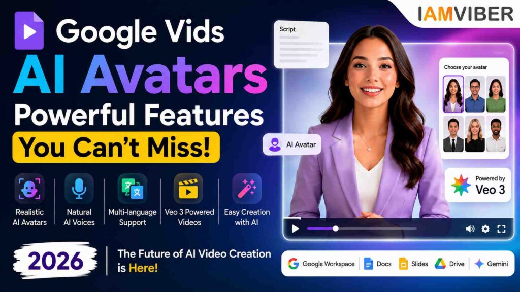 Google Vids AI Avatars showcasing AI Video Creator features, Google Workspace AI integration, AI Avatar Videos, and Veo 3 Google Vids for professional video creation in 2026.