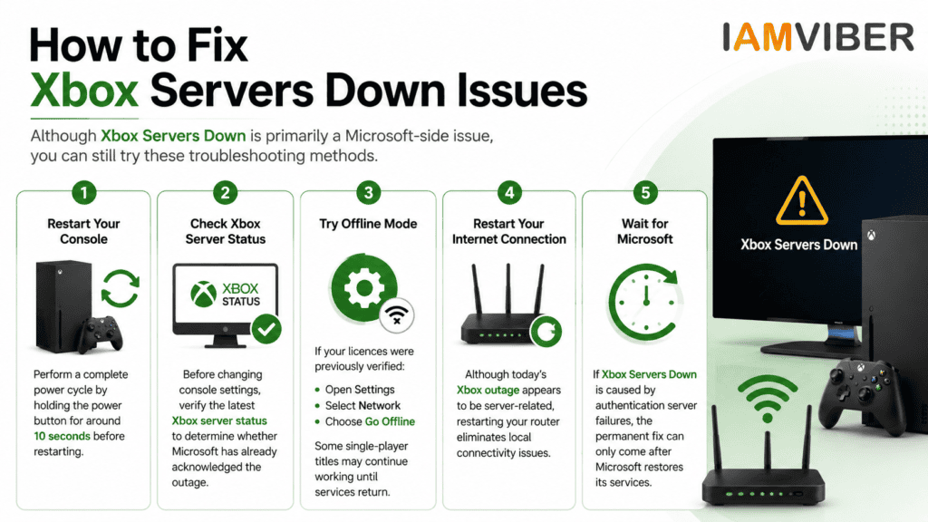 How to Fix Xbox Servers Down Issues infographic showing solutions for Xbox Servers Down, 0x87E107DF error, Xbox server status, Xbox Live down, and Xbox outage with step-by-step troubleshooting methods.