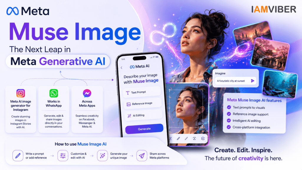 Featured image showing Meta Muse Image AI, Meta Generative AI, Meta Muse Image AI features, Meta AI image generator for Instagram, and how to use Muse Image AI across Meta platforms.