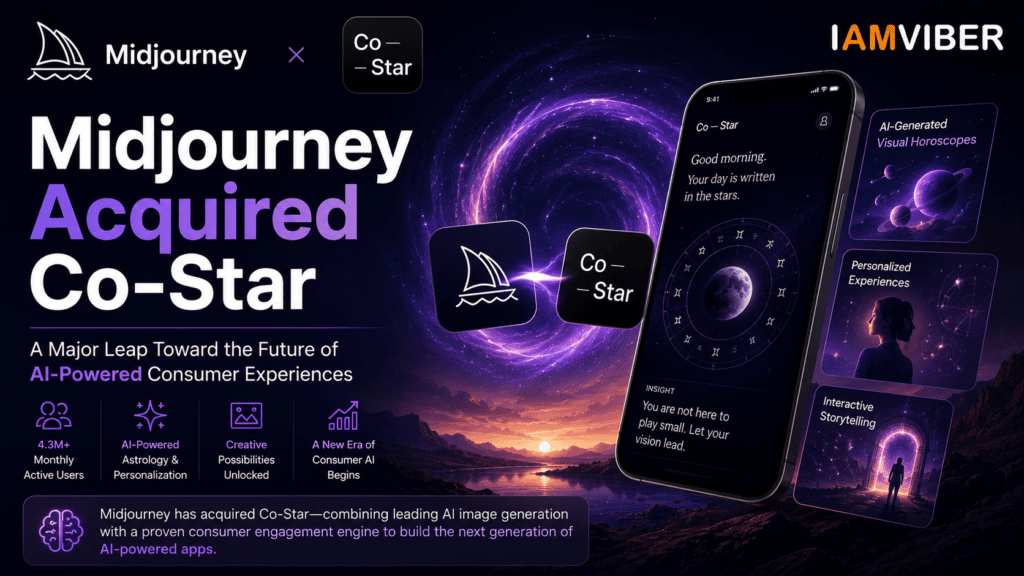 Midjourney acquired Co-Star featured image illustrating the AI startup acquisition, Co-Star astrology app, consumer AI innovation, AI image generation, and the future of personalized AI experiences.