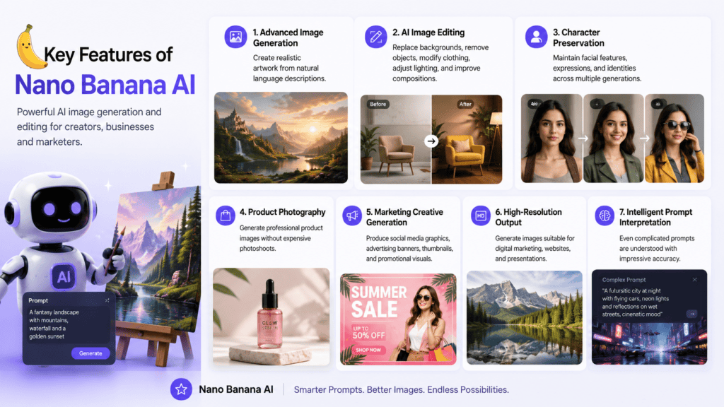 Key features of Nano Banana AI showcasing advanced image generation, AI image editing, character preservation, product photography, marketing creative generation, high-resolution output, and intelligent prompt interpretation in 2026.