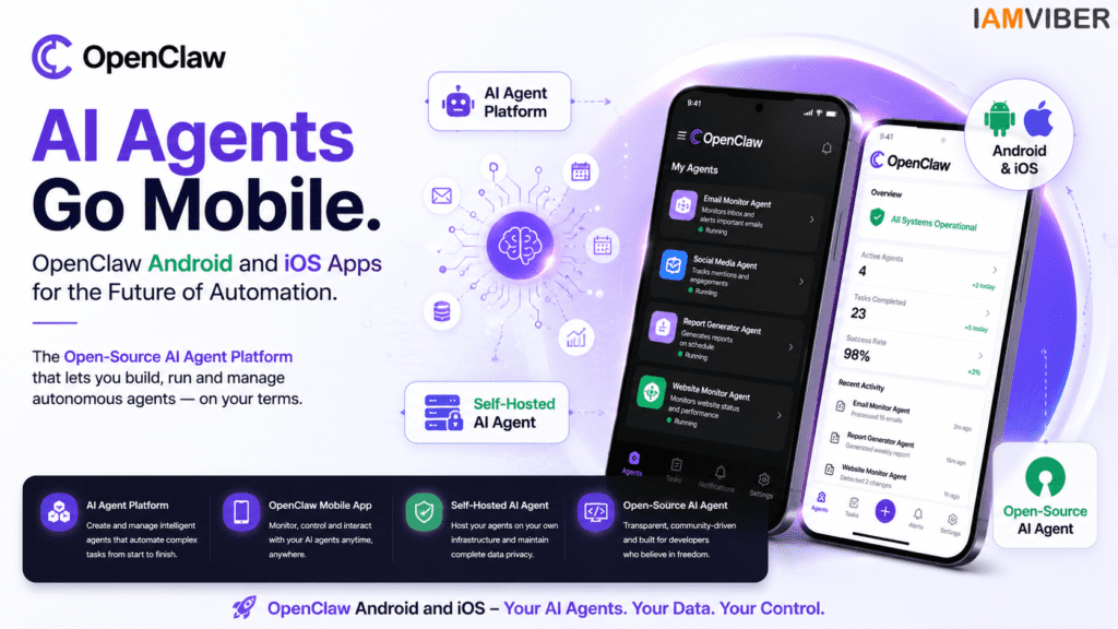 OpenClaw Android and iOS AI Agent Platform featuring the OpenClaw Mobile App, Self-Hosted AI Agent, and Open-Source AI Agent
