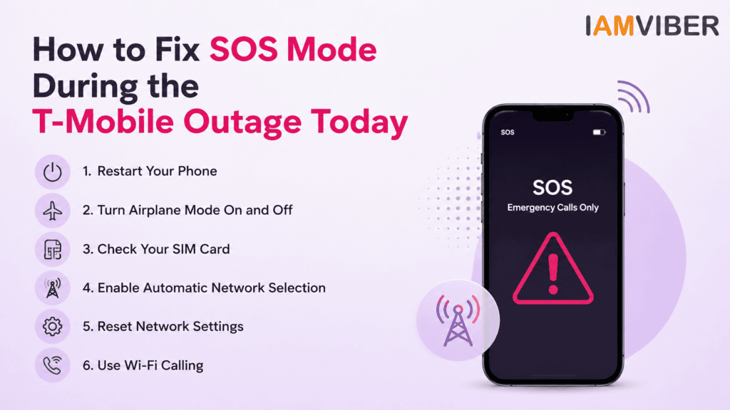 How to fix SOS Mode during the T-Mobile Outage Today with step-by-step solutions including restarting your phone, checking the SIM card, resetting network settings, enabling automatic network selection, and using Wi-Fi Calling during a T-Mobile Network Down issue.