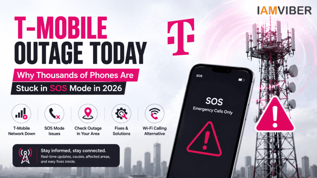 T-Mobile Outage Today showing phones stuck in SOS Mode due to a T-Mobile Network Down issue, with a smartphone displaying Emergency Calls Only, a telecom tower, outage warning icon, and troubleshooting steps for T-Mobile SOS Outage in 2026.
