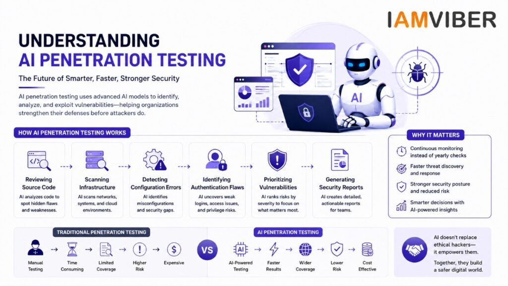 Anthropic Claude AI Hacked Three Companies: Understanding AI Penetration Testing infographic showing how AI scans source code, detects vulnerabilities, prioritizes security risks, and generates reports with a comparison between traditional and AI-powered penetration testing.