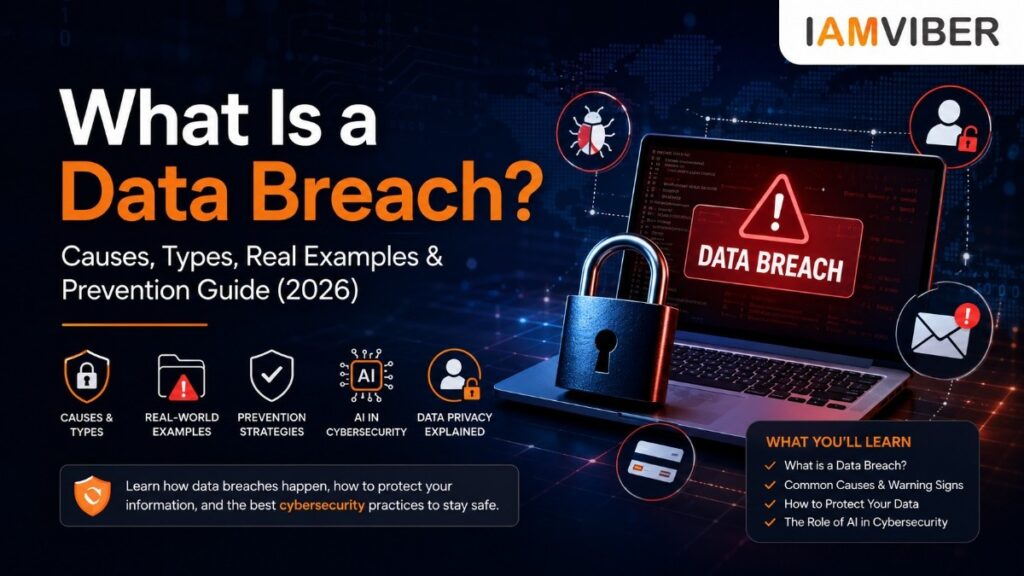 Modern cybersecurity cover image illustrating a data breach with a laptop displaying a security alert, digital padlock, cyber threat icons, and IAMVIBER branding. The image represents data breach causes, prevention strategies, AI cybersecurity, and data privacy.