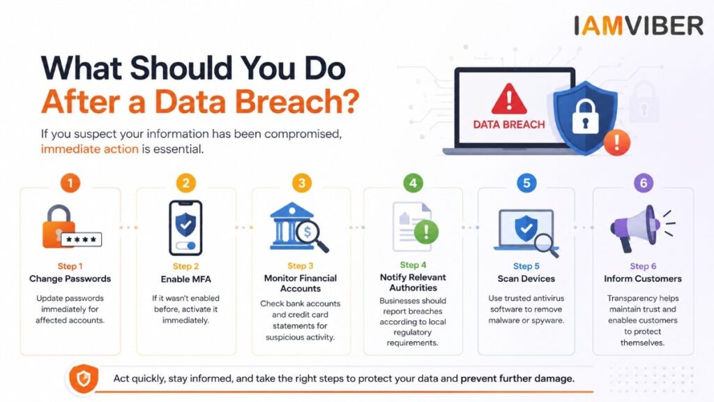 Infographic showing the six essential steps to take after a data breach, including changing passwords, enabling MFA, monitoring financial accounts, notifying authorities, scanning devices, and informing customers.