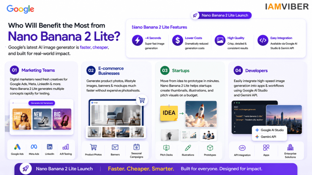 Who will benefit from Nano Banana 2 Lite infographic showing Nano Banana 2 Lite features for marketing teams, e-commerce businesses, startups, and developers using Google's AI image generator.