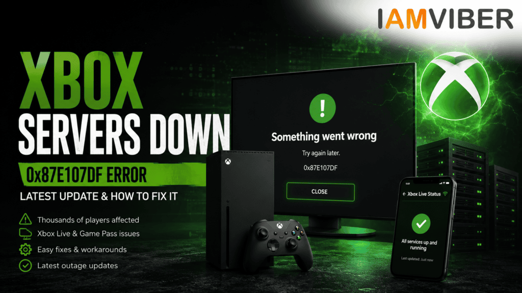Xbox Servers Down featured image showing the 0x87E107DF error, Xbox Live down, Xbox server status, Xbox outage, Microsoft Xbox Network issues, and troubleshooting guide for fixing digital game and Game Pass access.