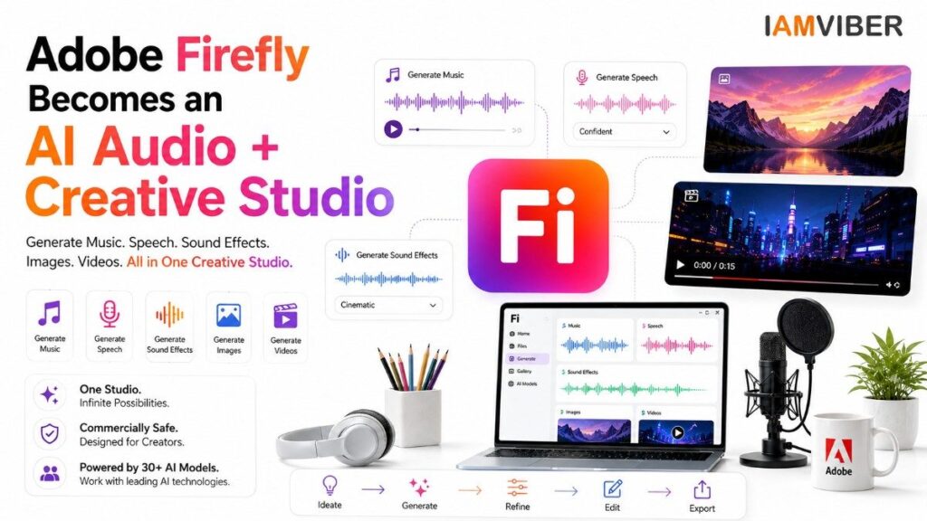 Adobe Firefly AI audio and creative studio for generating music, speech, sound effects, images and videos.