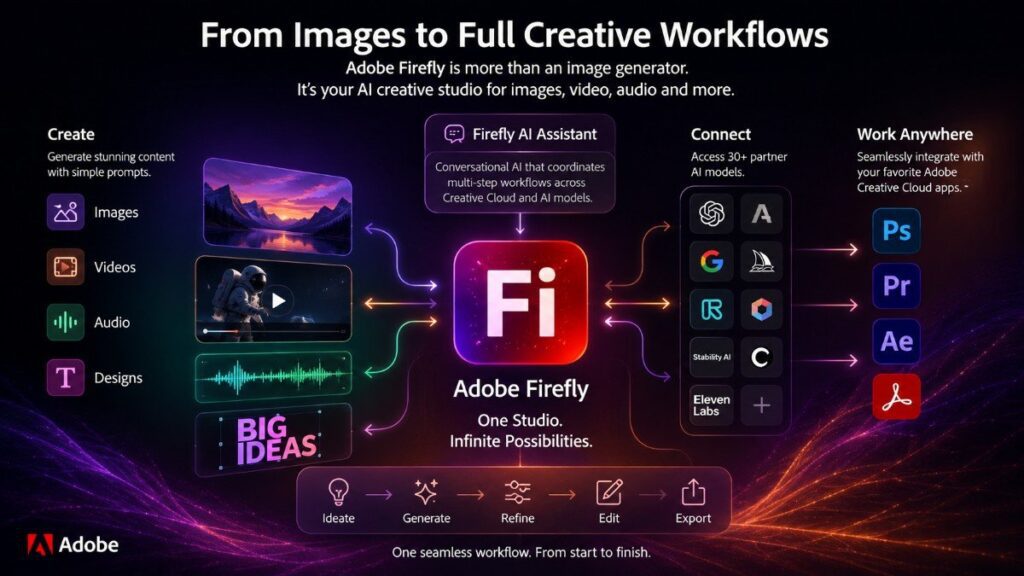 Adobe Firefly AI creative studio showing image, video, audio and design generation in one integrated workflow.