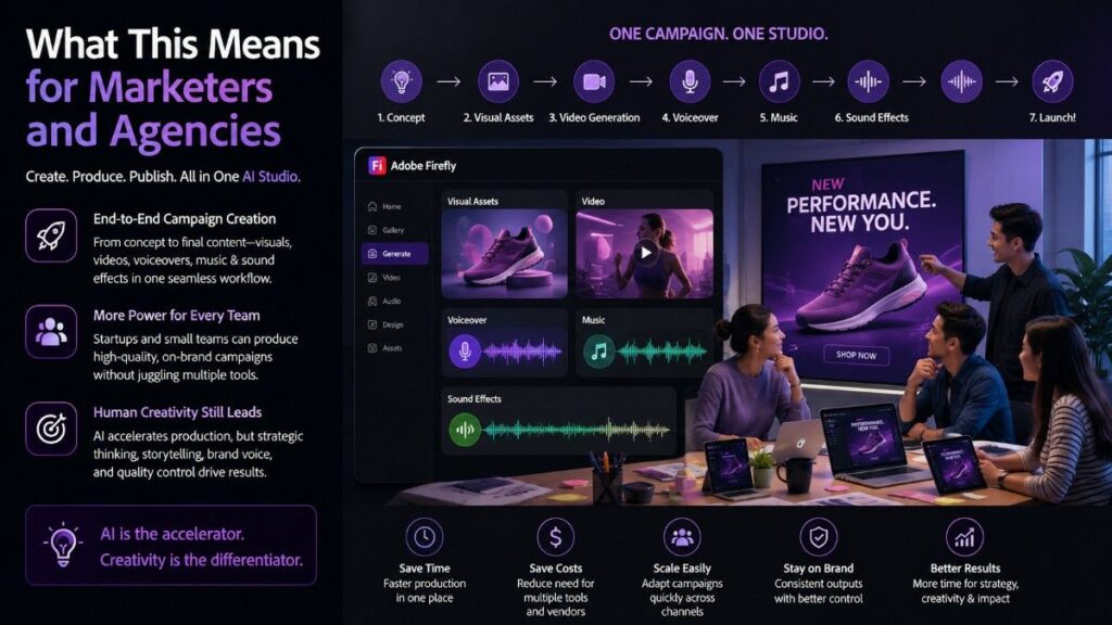 Adobe Firefly AI creative workflow helping marketers and agencies create visuals, videos, voiceovers, music and sound effects in one studio.