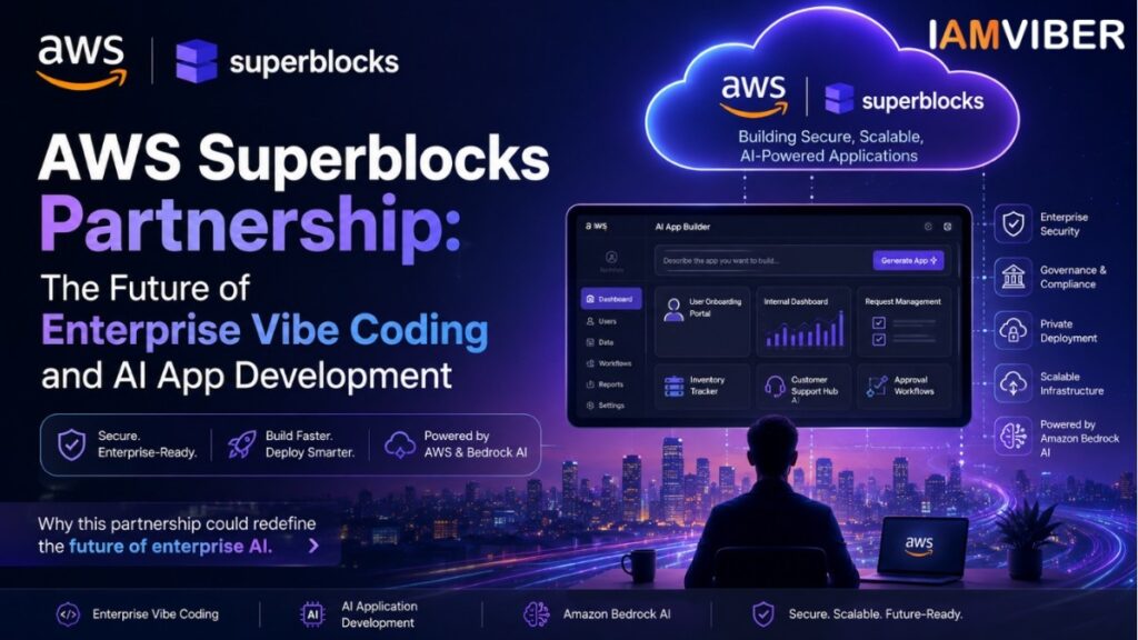 AWS Superblocks Partnership cover image showing AWS and Superblocks logos with an AI-powered enterprise application dashboard, Amazon Bedrock AI, secure cloud infrastructure, and enterprise vibe coding concepts.