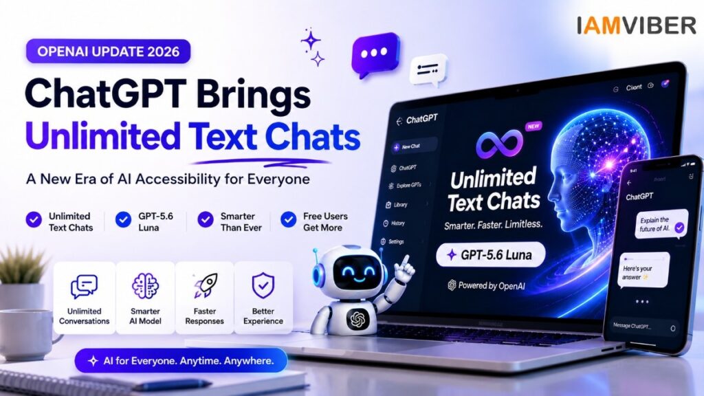 ChatGPT Unlimited Text Chats, GPT-5.6 Luna, OpenAI Update 2026, and AI accessibility for free users with a futuristic ChatGPT interface.