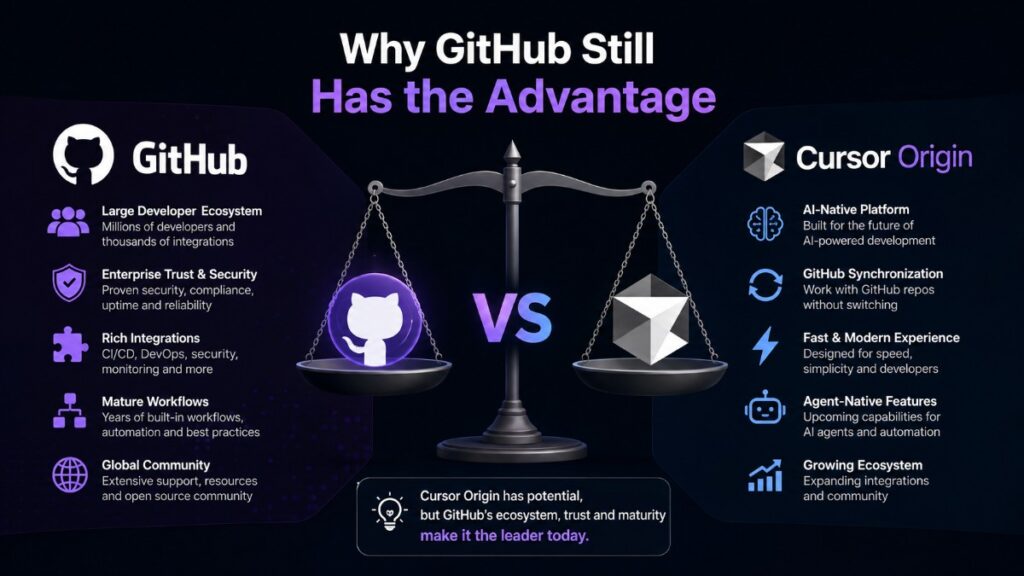Cursor Origin vs GitHub showing why GitHub still has the advantage in AI code hosting