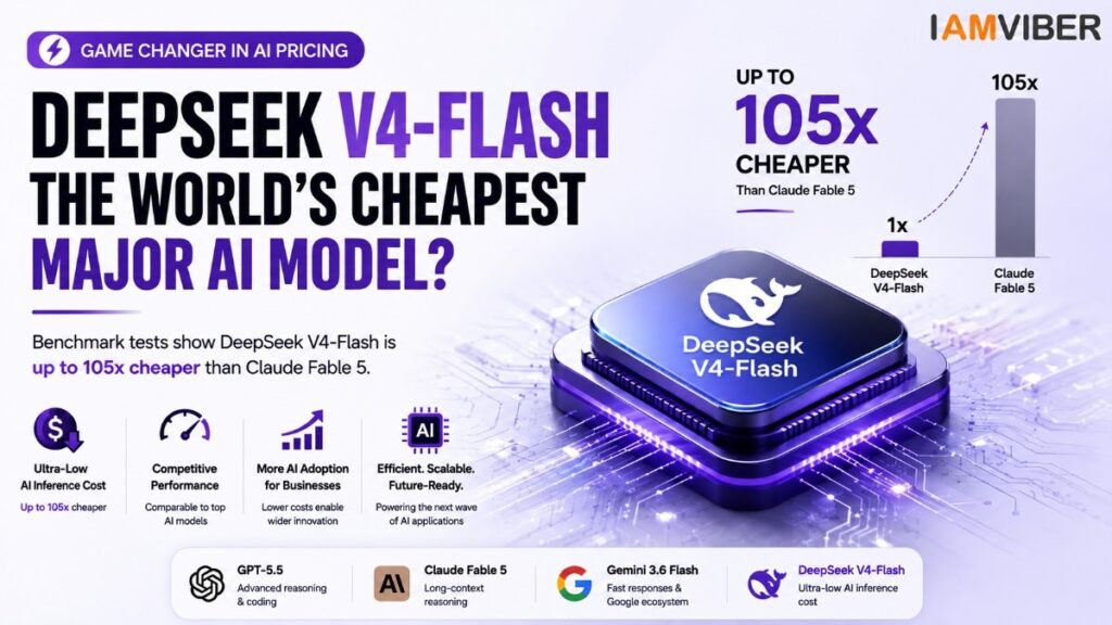 DeepSeek V4-Flash as the world's cheapest major AI model, highlighting lower AI inference costs, competitive performance, and comparison with OpenAI GPT-5.5, Anthropic Claude Fable 5, and Google Gemini 3.6 Flash.