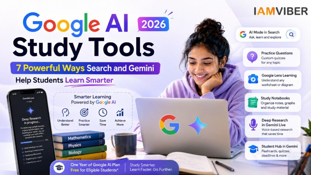 Google AI study tools 2026 featuring Google Search, Gemini, practice quizzes, Google Lens, Study Notebooks and Gemini Live for students