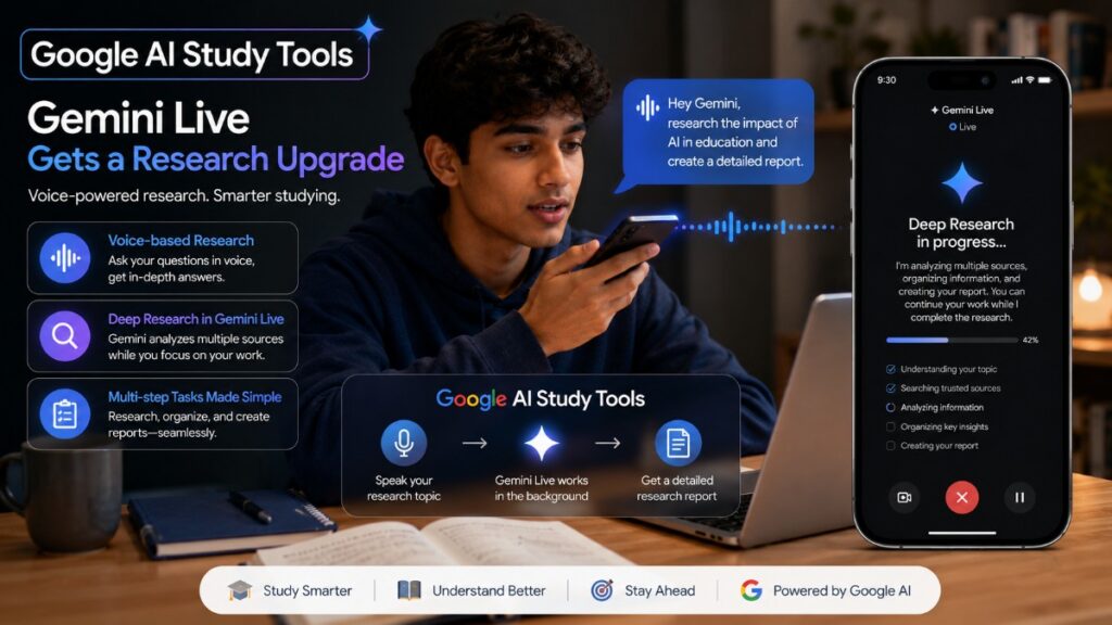 Google AI study tools with Gemini Live Deep Research helping students conduct voice-based research and create detailed reports