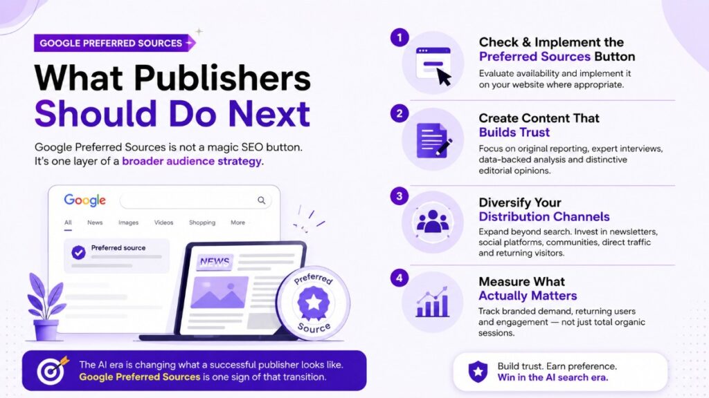 Google Preferred Sources 2026 showing four strategies publishers can use to build trust, diversify traffic, and adapt to AI search