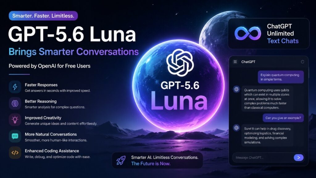 ChatGPT Unlimited Text Chats. Illustration of GPT-5.6 Luna powering smarter conversations with faster responses, better reasoning, enhanced creativity, natural interactions, and coding assistance for ChatGPT free users.
