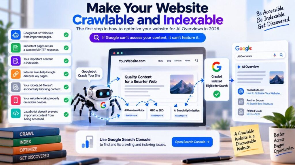 How to Optimize Your Website for AI Overviews in 2026: Make Your Website Crawlable and Indexable | GEO vs SEO