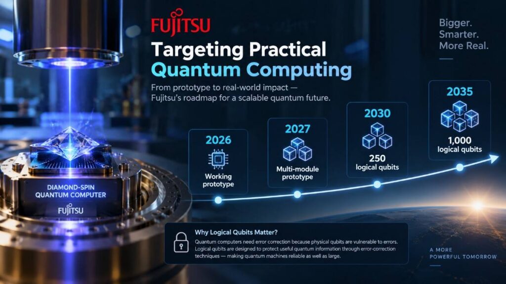 Fujitsu diamond-spin quantum computer roadmap targeting practical quantum computing with 250 logical qubits by 2030 and 1,000 by 2035