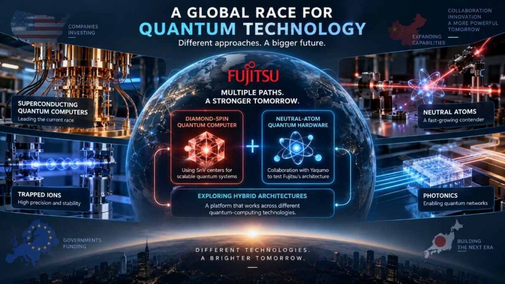 Global quantum technology race featuring Fujitsu diamond-spin quantum computer, neutral atoms, superconducting systems, trapped ions and photonics