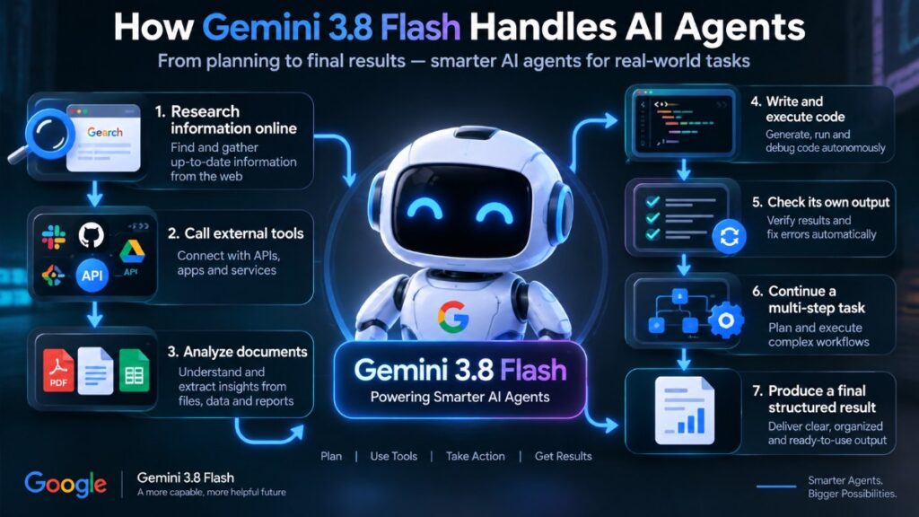 Gemini 3.8 Flash powering AI agents through research, tool use, coding and multi-step workflows