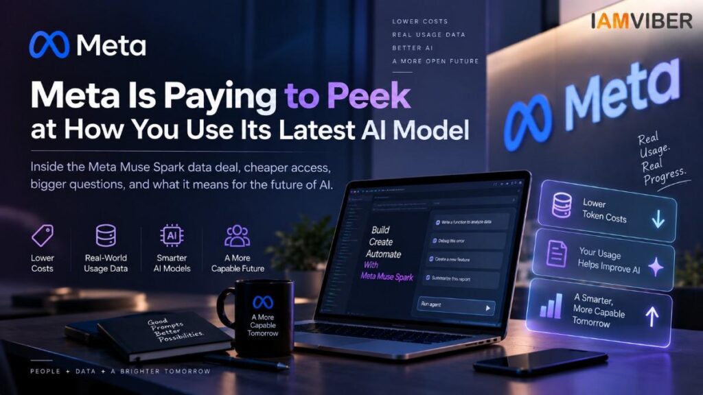 Meta Muse Spark AI model cover image showing Meta’s AI data deal, lower token costs, real-world usage data, and AI development