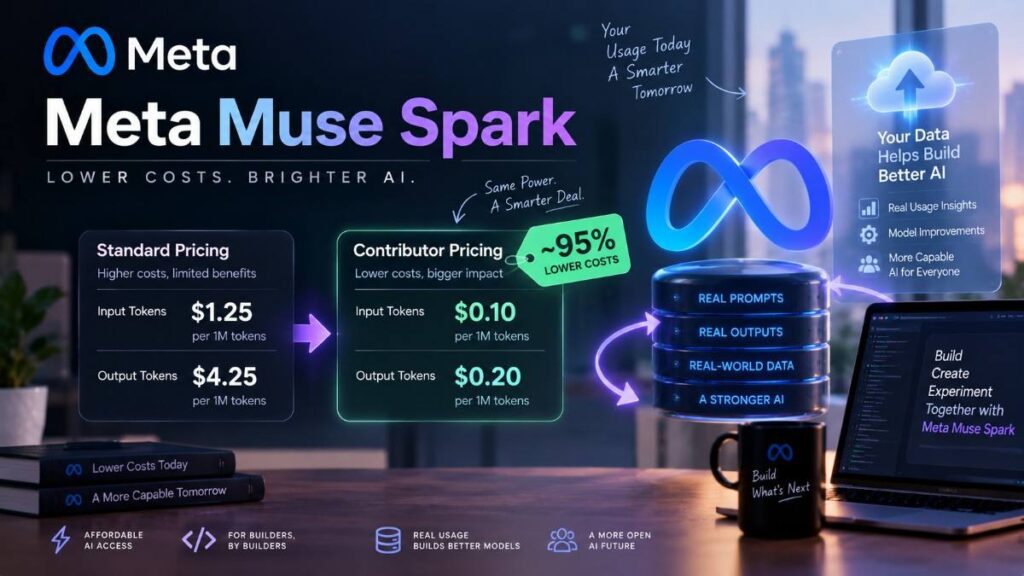Meta Muse Spark AI model showing standard and contributor pricing with lower token costs and real-world data benefits