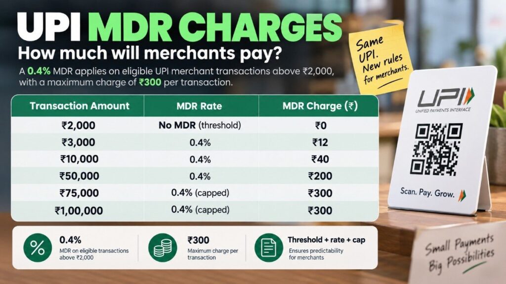UPI MDR Charges showing 0.4% merchant fee on transactions above ₹2,000 with a ₹300 maximum cap
