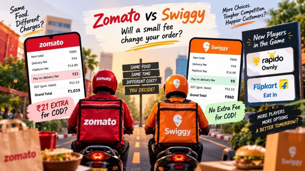 Zomato Cash on Delivery Fee comparison showing Zomato and Swiggy COD charges