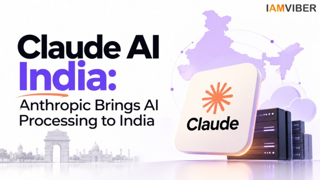 Claude AI India infographic showing Anthropic AI processing in India with Claude technology, servers, India map and IAM VIBER branding