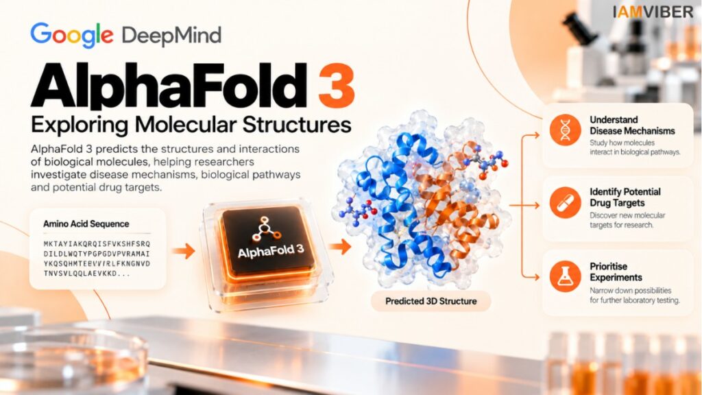 Google DeepMind AI models: AlphaFold 3 AI model predicting 3D protein structures for drug discovery and disease research, featured by IAMVIBER.