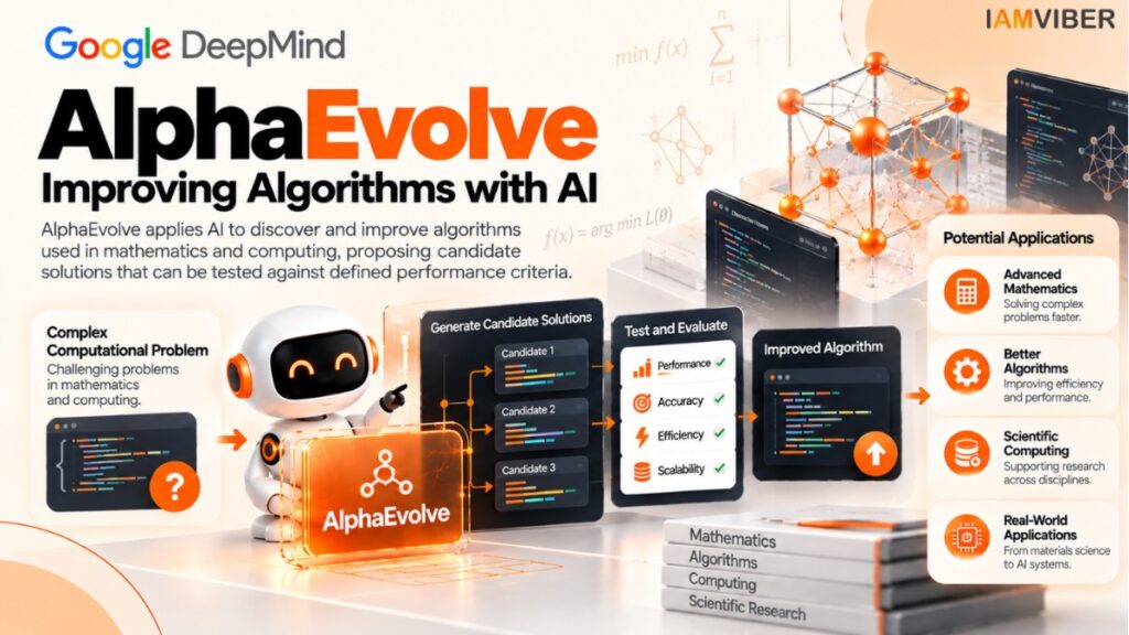 Google DeepMind AI Models infographic featuring AlphaEvolve and AI-powered algorithm optimisation for mathematics and scientific computing by IAMVIBER.