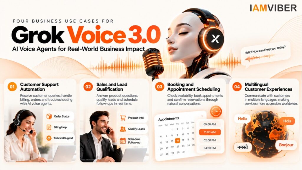 IAMVIBER infographic featuring Grok Voice 3.0 and four AI voice agent use cases: customer support, sales qualification, appointment scheduling and multilingual customer experiences.
