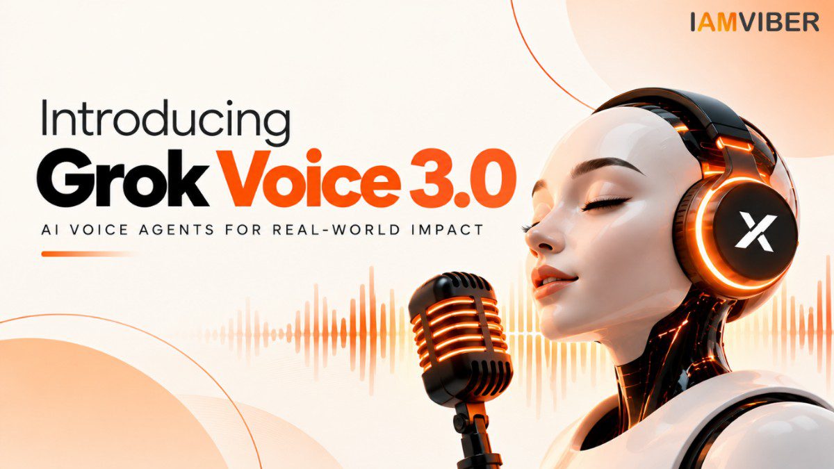 Grok Voice 3.0 AI voice assistant with an orange-accented headset and microphone, featured in the IAMVIBER technology blog.