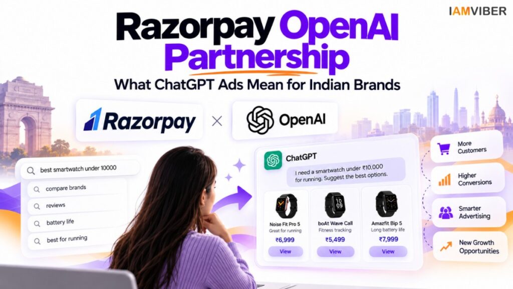 Razorpay OpenAI Partnership showing ChatGPT Ads and AI-powered product discovery for Indian brands | IAMVIBER